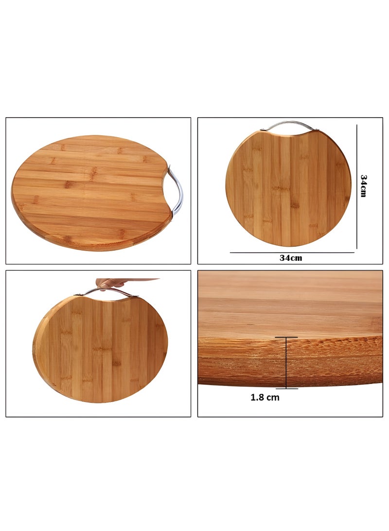 HIAS Round Bamboo Cutting Board 34cm with Stainless Steel Handle – Thick 1.8cm Wooden Chopping Board for Kitchen Food Prep, Meat, Vegetables, Cheese, Bread & Pizza Serving Tray – Durable Eco-Friendly Kitchen Board. - Image 2